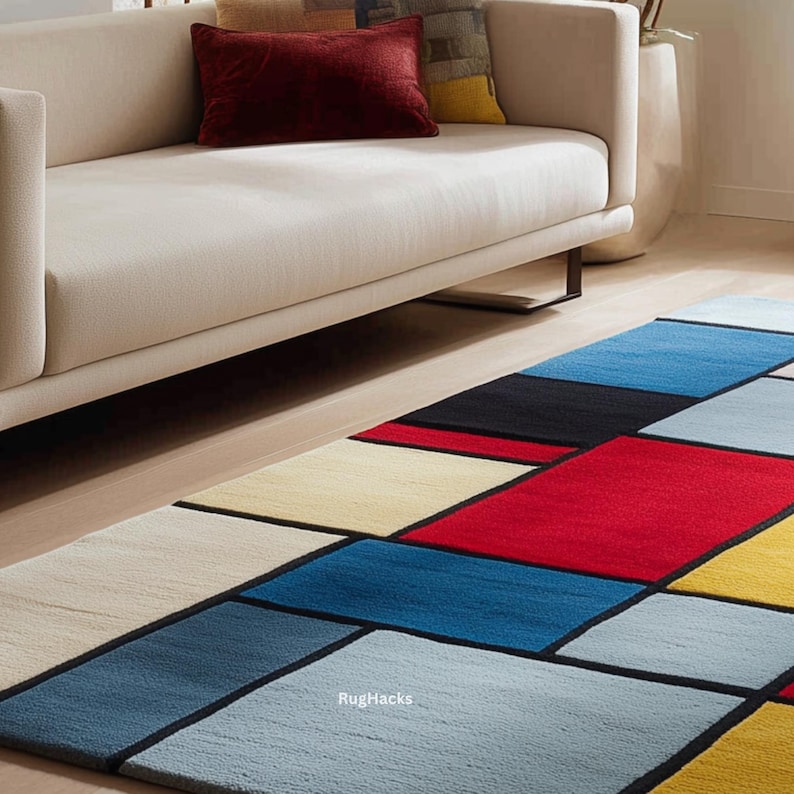 May include: A colorful geometric rug with a modern design. The rug features rectangular blocks in shades of red, blue, black, yellow, and gray, outlined with black borders. The rug is placed on a wooden floor near a cream-colored sofa.