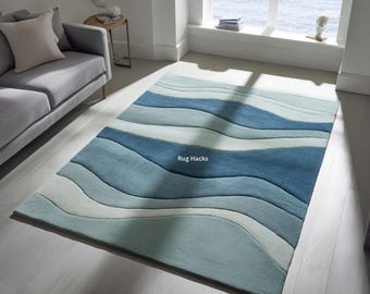 Hand Tufted Wool Rug | Blue Teal Ocean Wave Pattern