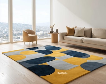 Yellow, Blue Geometric Rug | Modern Abstract Carpet | Contemporary Living Room Decor | Bold Color Block Area Mat