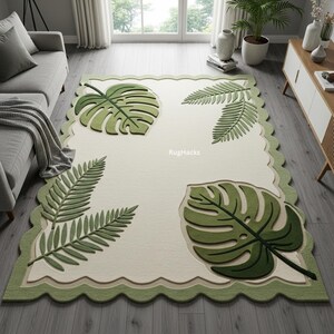 Tropical Leaf Area Rug Green Beige | Modern Botanical Carpet | Handmade ...