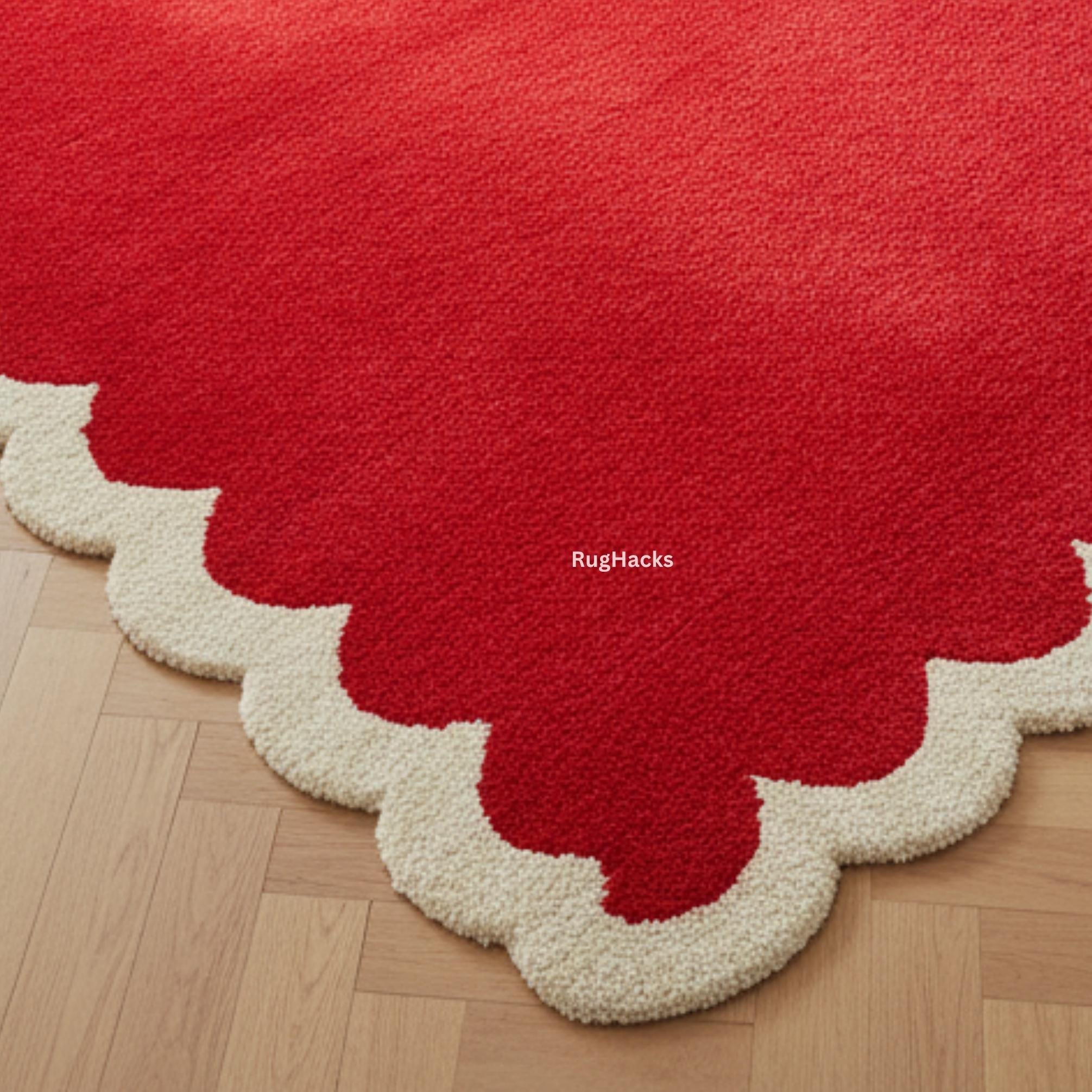 Red Scallop Border Wool Rug – Handmade Modern Tufted Carpet for Living ...