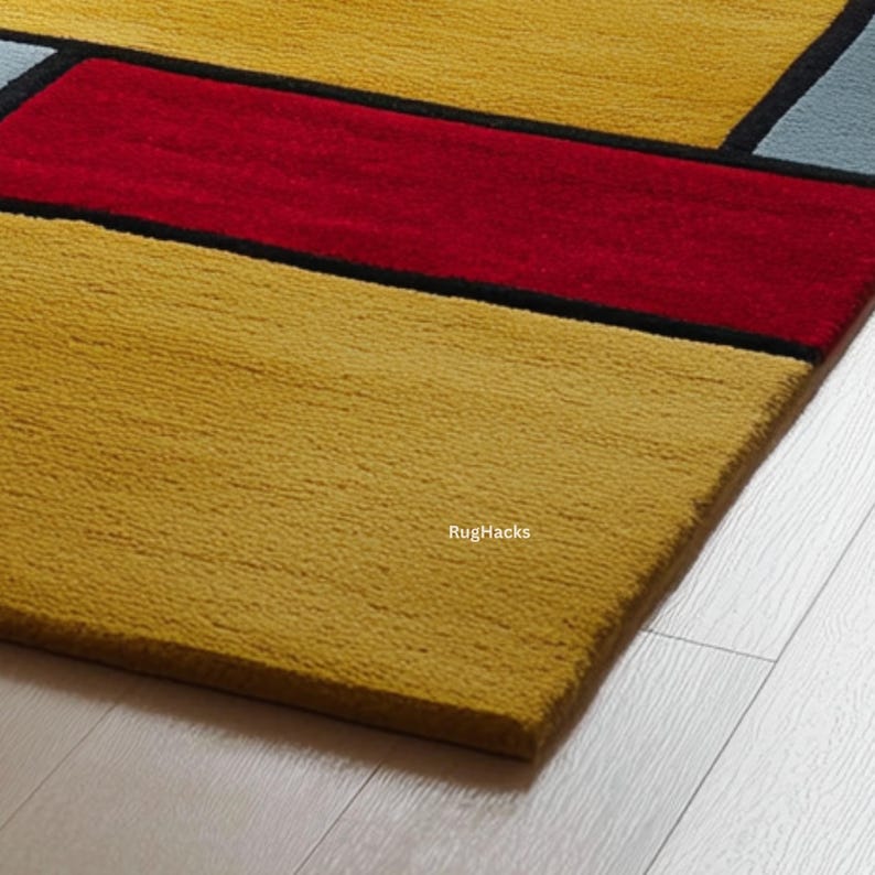 May include: A rectangular rug with a geometric design. The rug features a pattern of yellow, red, and gray rectangles separated by black lines. The rug is made of a soft, textured material.