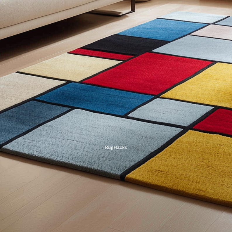 May include: A rectangular area rug with a geometric design. The rug features a patchwork of various colors, including red, blue, yellow, black, and cream, separated by black lines. The rug is placed on a light-colored wooden floor.