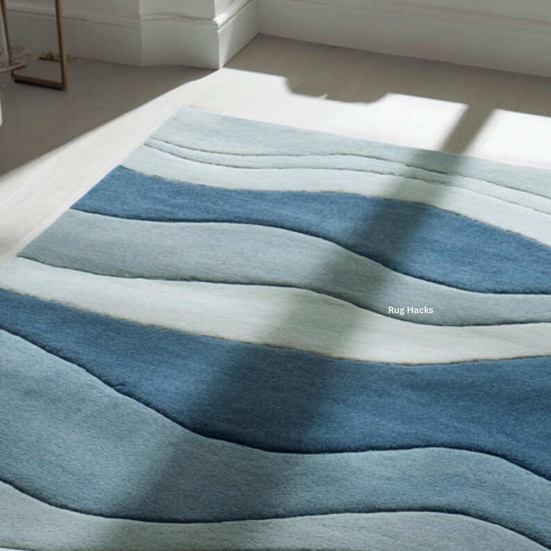 Hand Tufted Wool Rug | Blue Teal Ocean Wave Pattern - Etsy