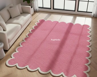 Alfombra de lana tejida a mano / Borde festoneado rosa, diseño moderno