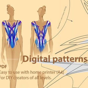 May include: Illustration of two leotards with a blue and white design. The text "Digital patterns" is displayed. The text "PDF" and "Easy to use with home printer (A4) For DIY creators of all levels" are also visible.