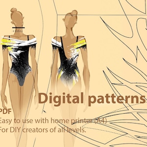 以下が含まれることがあります： 黒と白のレオタードに黄色のアクセントが付いた2つの図のイラスト。 「Digital patterns」のテキストと「PDF」、使用方法が表示されます。 DIYクリエイター向けです。
