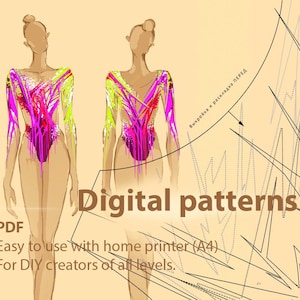 May include: Digital patterns for leotards. The illustration shows two figures wearing leotards with a pink, red, and yellow design. The text on the image says "Digital patterns", "Easy to use with home printer (A4)", and "For DIY creators of all levels."