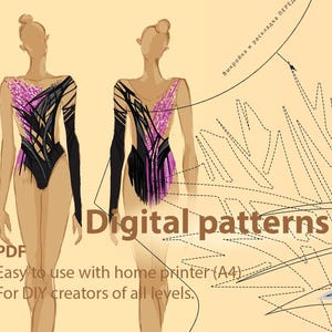 以下が含まれることがあります： 黒と紫のデザインのレオタード2つのイラスト。レオタードは薄い黄色の背景にあります。画像には「Digital patterns」と「Easy to use with home printer (A4): For DIY creators of all levels.」と書かれています。