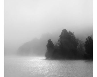 black and white lake photography, lake house decor, foggy lake print, lake house art, black and white landscape, minimalist landscape