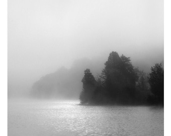 black and white lake photography, lake house decor, foggy lake print, lake house art, black and white landscape, minimalist landscape