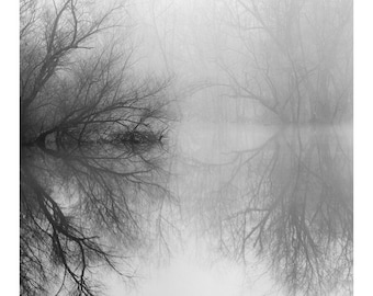 black and white lake print, lake photography, moody landscape, foggy lake, lake house art, fine art