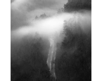 black and white landscape, road photography, moody black and white, mountain photography, Appalachia, fine art, foggy landscape