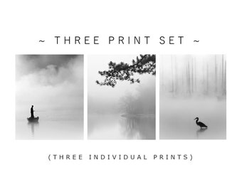 Black and White Lake Photography Print Set of 3, Minimalist Wall Art