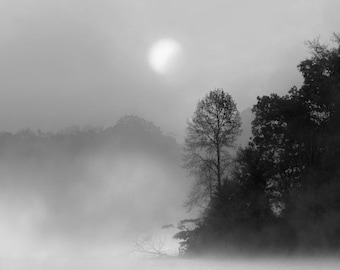 black and white photography, foggy lake, print, landscape