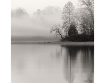 lake photography, foggy lake, lake house art, black and white photography, landscape print, misty