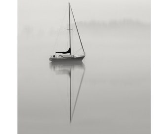 sailboat photography, black and white photography, print, minimalist photography, lake house art, nautical art