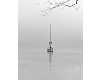 Sailboat photography, black and white sailboat, lake house decor, minimalist black and white, sailboat prints, sailboat in fog