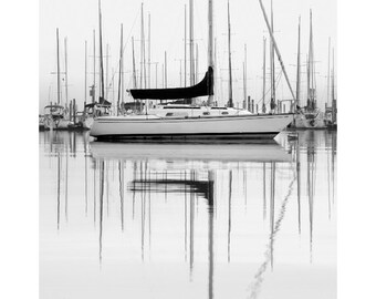 Moored Sailboats Photography Print: Black and White Lake House Wall Art