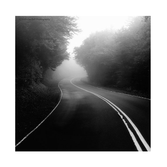 Black and white photography, landscape photography, road photography, moody black and white, foggy landscape, mountain road print