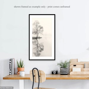 May include: A black and white photograph of a tree reflected in a still body of water. The tree is bare and the water is calm, creating a serene and minimalist image.
