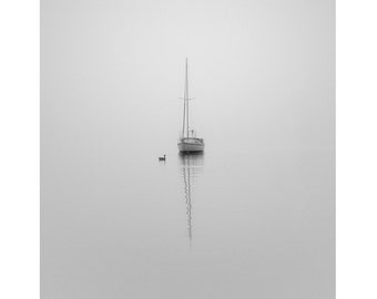 impresión de velero en blanco y negro, fotografía de velero, impresión de velero, arte de la casa del lago, fotografía minimalista, fotografía náutica