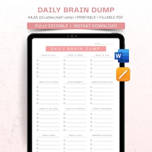 Brain Dump Planner, ADHD Planner PDF, Brain Dump, Daily Printable Planner, To-Do List, Reminders, US Letter & A4 Size, Portrait Layout