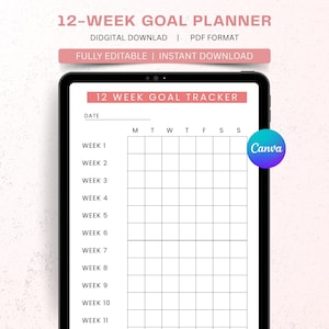 12-Week Goal Planner: Quarterly Progress Tracker (Digital Download, PDF, Canva Template