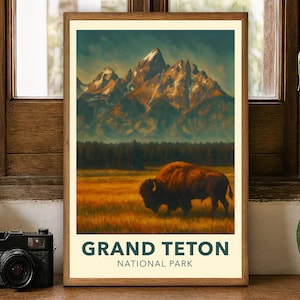 Grand Teton National Park Poster • Bison in the Tetons Wyoming Wall Art • Vintage WPA Mountain Print • Rustic Lodge Cabin Decor • Download