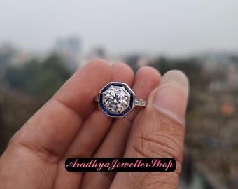 Art Deco Sapphire Halo Ring, Round CZ, Vintage Style