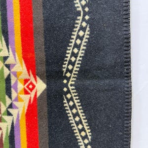 May include: A dark charcoal grey blanket featuring a vertical pattern of vibrant stripes in red, yellow, purple, and green, alongside a geometric diamond-shaped motif. The edge is finished with a dark grey whipstitch border detail.
