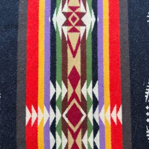 May include: A textile featuring a vertical pattern with a central column of geometric diamond and arrow shapes in maroon, tan, and white. This is flanked by symmetrical stripes of green, black, purple, yellow, and red on a dark navy blue background.