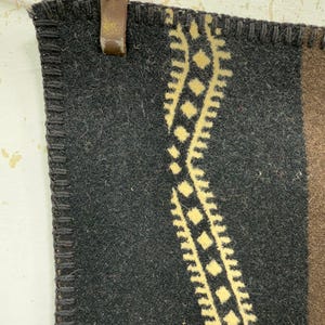 May include: A thick, dark charcoal grey wool blanket featuring a vertical, wavy cream-coloured geometric pattern of diamonds and serrated edges. The edge of the fabric is finished with a dark, heavy blanket stitch, and a brown section is visible.