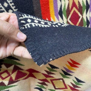 May include: A thick, soft textile blanket featuring a geometric pattern in black, cream, red, yellow, green, and purple. The fabric has a dark black underside with a visible whip-stitched edge, contrasting with the lighter cream-coloured top side.