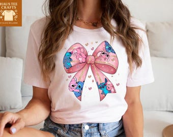 Stitch Valentines Day Sweatshirt, Stitch Coquette Shirt, Disney Stitch And Angel Shirt, Pink Bow Tee