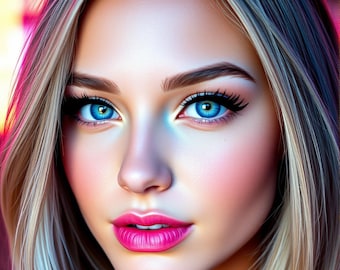 Puede incluir: Retrato de una persona con cabello rubio largo y ondulado y ojos azules llamativos. La persona tiene labios rosados ​​y mejillas sonrosadas. El fondo es una mezcla borrosa de tonos rosas y rojos, creando una estética suave y vibrante.