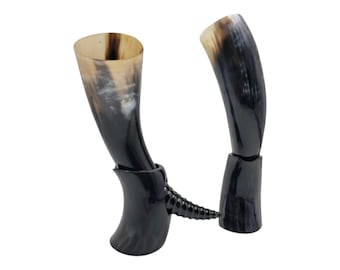 Handcrafted Viking Drinking Horn: Black Mead Mug with Display Stand