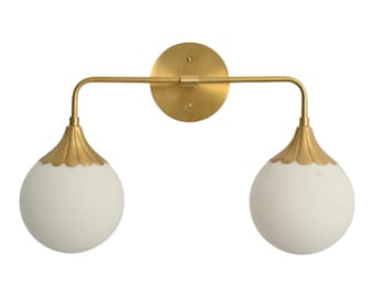 Brass Vanity Light with Double Glass Globes | Mid Century Modern Bathroom Wall Sconce | Handmade Vintage Brass Fixture