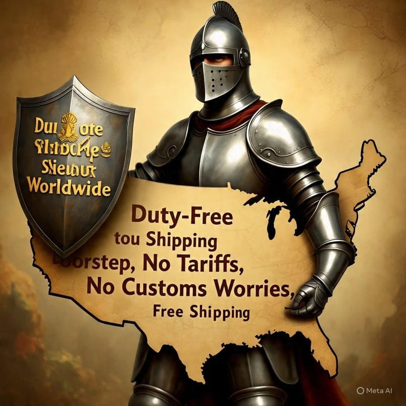 May include: An illustration of a knight in silver armour holding a shield and a map of the United States. The shield has text that reads "Dulote Siemux Worldwide." The map has text that reads "Duty-Free Shipping, No Tariffs, No Customs Worries, Free Shipping."