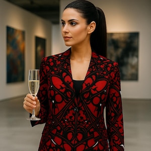 Bold Red Art Floral Blazer Women’s | 100% Cotton Statement Jacket | Gothic Floral Print | Structured Fit with Pockets | Lightweight Layer |