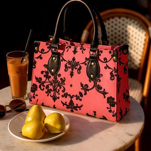 Pink Baroque Vegan Leather Handbag: Gold Hardware Designer Shoulder Bag
