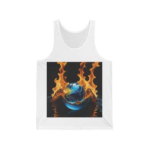 ブルーボール・オン・ファイアータンクトップ、フレイミング・スフィア・マッスルシャツ、クールブルー・ファイアーノースリーブTシャツ、ユニークなユニセックスタンクトップ、ファイアー＆アイスワークアウトトップ
