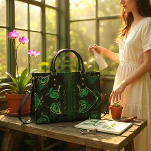 Vegan Leather Satchel Bag: Art Nouveau Green Handbag with Adjustable Strap