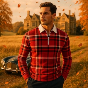 Red Tartan Zipper Sweatshirt – Men’s Plaid Zip Up – Grunge Streetwear – Punk Fashion – Fall Jacket – 90s Aesthetic – Scottish Style