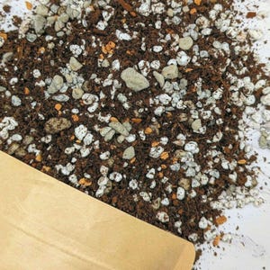 Peut inclure: Gros plan d'un mélange de terre, composé de terre brun foncé, de cailloux blancs et gris, et de petites particules orange. Une partie d'un sac en papier brun est visible en bas à gauche. Le mélange de terre est pour les plantes.