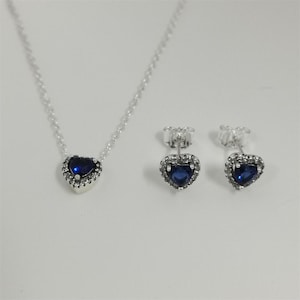 pandora blue sparkling heart halo Ear studs pendant collier necklace-45cm set