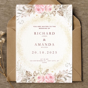 Blush Wedding Invitation Template | Editable Romantic Pink Invitation | Instant Download Canva Invitation