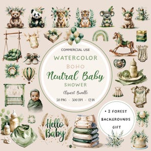 Watercolor Baby Clipart, Nursery Decor, Neutral Baby, Baby Shower Clipart, Instant Download, Kids Clipart, Boho Clipart, Boho Baby Clipart