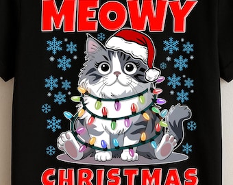 Meowy Christmas Cat PNG | Santa Hat, Lights, Funny Clipart (300 DPI)