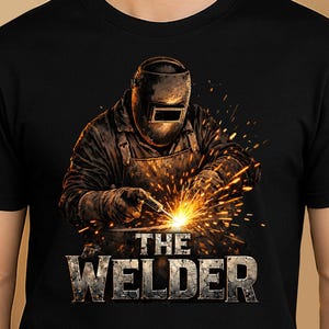 以下が含まれることがあります： 溶接工のグラフィックがプリントされた黒いTシャツ。溶接マスクと火花が描かれています。「THE WELDER」の文字が、画像の下にメタリックな質感のフォントで表示されています。デザインはTシャツの中央に配置されています。